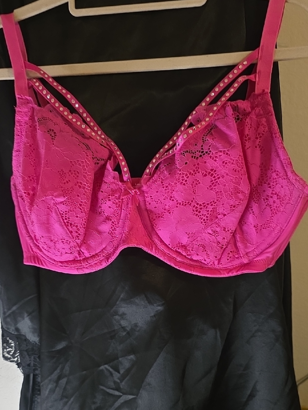 Hot Pink Lace Padded Underwire Bra with Decorative Straps